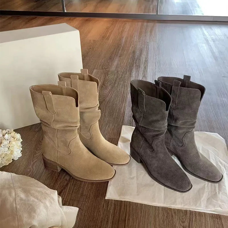 2025 Autumn Women's 8CM Height-Increasing Slouch Boots V-Cut Slimming Melard Chunky Heel Mid-Calf for Martin Boots