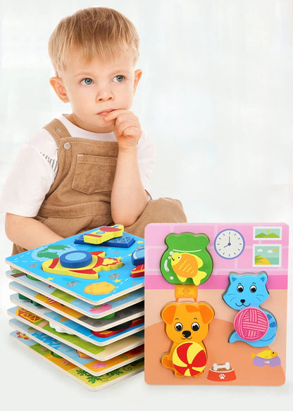 Kids Montessori 3D Wooden Puzzle Hands Grab Child Puzzle Educational Learning Toys Baby Games Puzzles For Kids 1 2 3 Years Old