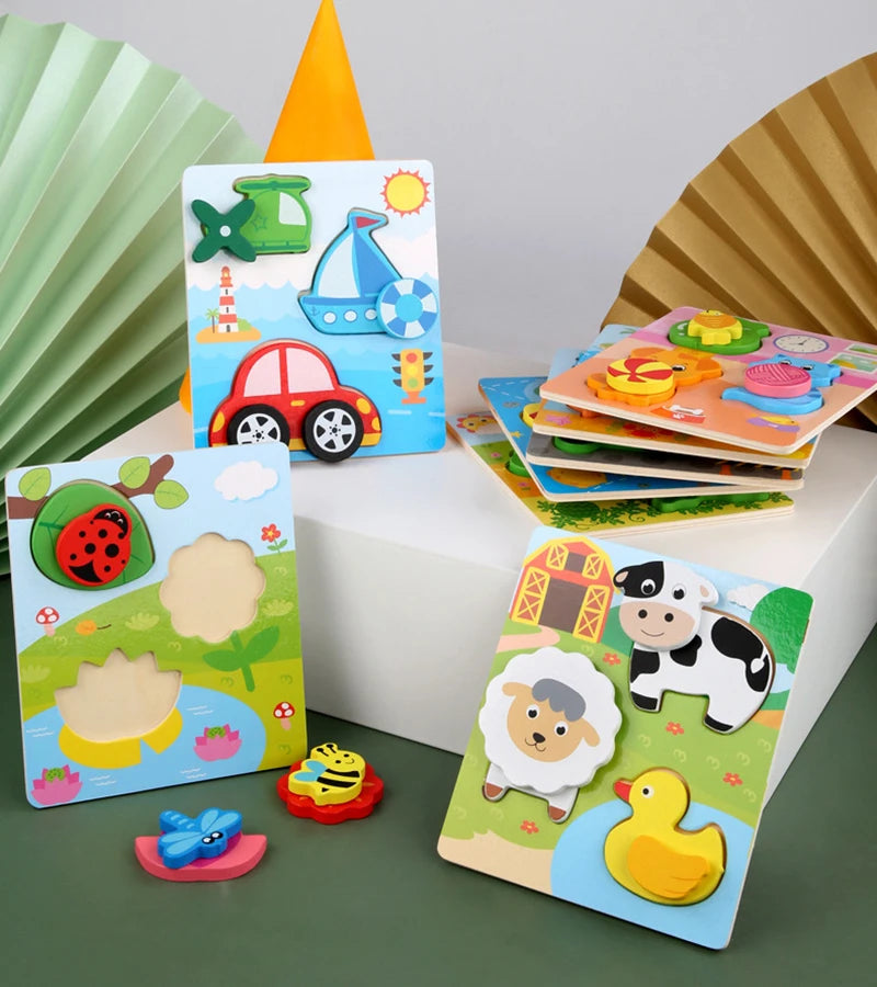 Kids Montessori 3D Wooden Puzzle Hands Grab Child Puzzle Educational Learning Toys Baby Games Puzzles For Kids 1 2 3 Years Old