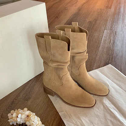 2025 Autumn Women's 8CM Height-Increasing Slouch Boots V-Cut Slimming Melard Chunky Heel Mid-Calf for Martin Boots