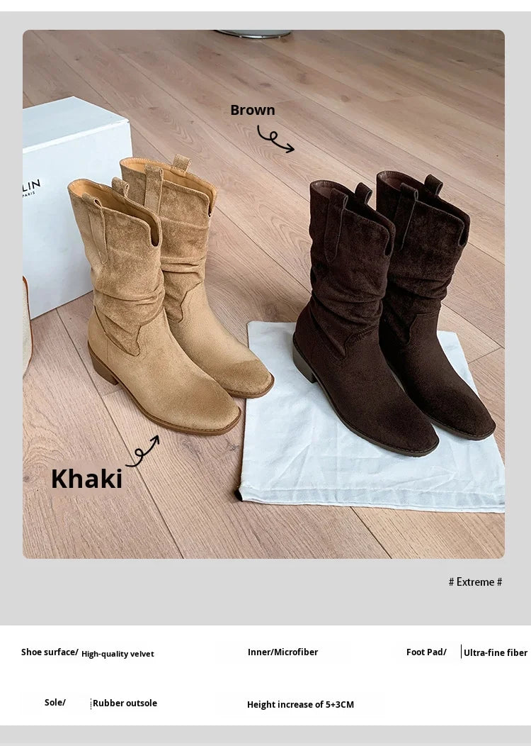 2025 Autumn Women's 8CM Height-Increasing Slouch Boots V-Cut Slimming Melard Chunky Heel Mid-Calf for Martin Boots