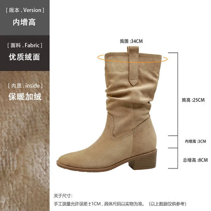 2025 Autumn Women's 8CM Height-Increasing Slouch Boots V-Cut Slimming Melard Chunky Heel Mid-Calf for Martin Boots