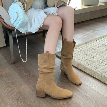 2025 Autumn Women's 8CM Height-Increasing Slouch Boots V-Cut Slimming Melard Chunky Heel Mid-Calf for Martin Boots