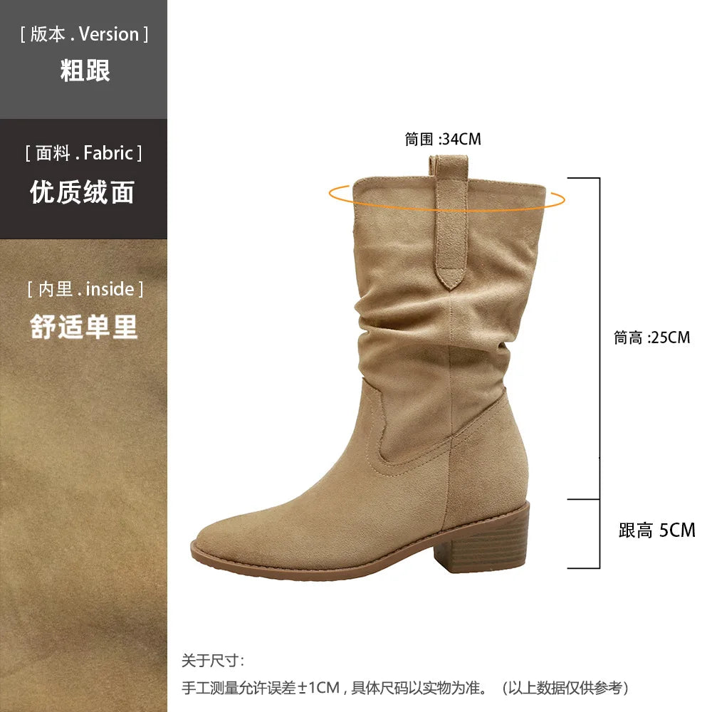 2025 Autumn Women's 8CM Height-Increasing Slouch Boots V-Cut Slimming Melard Chunky Heel Mid-Calf for Martin Boots