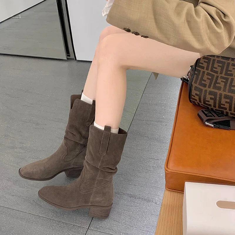 2025 Autumn Women's 8CM Height-Increasing Slouch Boots V-Cut Slimming Melard Chunky Heel Mid-Calf for Martin Boots