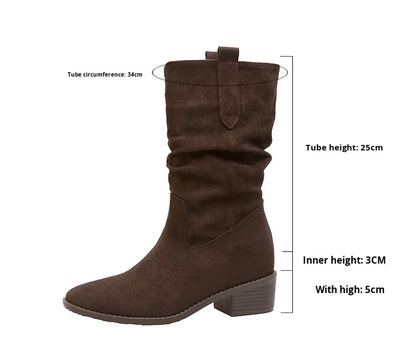 2025 Autumn Women's 8CM Height-Increasing Slouch Boots V-Cut Slimming Melard Chunky Heel Mid-Calf for Martin Boots