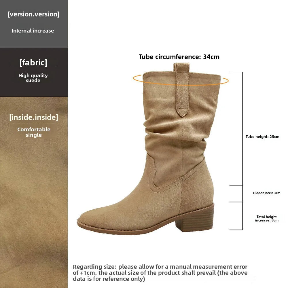 2025 Autumn Women's 8CM Height-Increasing Slouch Boots V-Cut Slimming Melard Chunky Heel Mid-Calf for Martin Boots