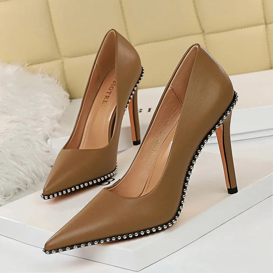 Sepatu Wanita Ukuran 42 43 Sexy Metal Rhinestone Stiletto Pointed High Big Size Shoes Ladies Heels for Ladies 2025