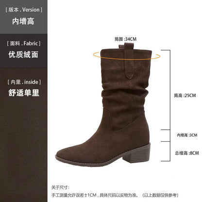 2025 Autumn Women's 8CM Height-Increasing Slouch Boots V-Cut Slimming Melard Chunky Heel Mid-Calf for Martin Boots