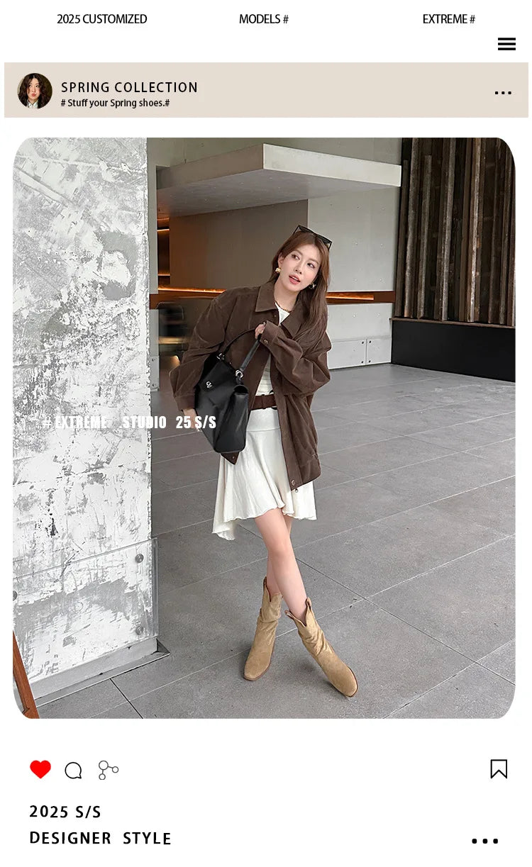 2025 Autumn Women's 8CM Height-Increasing Slouch Boots V-Cut Slimming Melard Chunky Heel Mid-Calf for Martin Boots