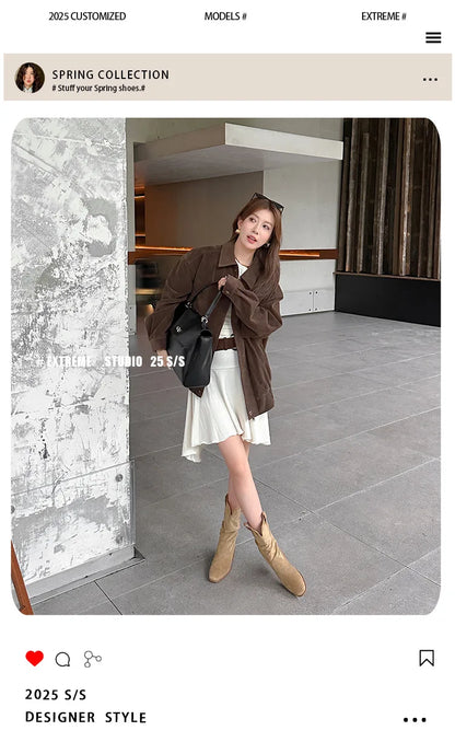 2025 Autumn Women's 8CM Height-Increasing Slouch Boots V-Cut Slimming Melard Chunky Heel Mid-Calf for Martin Boots