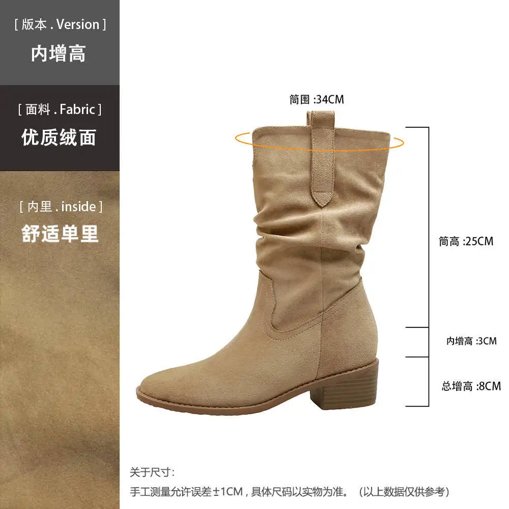 2025 Autumn Women's 8CM Height-Increasing Slouch Boots V-Cut Slimming Melard Chunky Heel Mid-Calf for Martin Boots