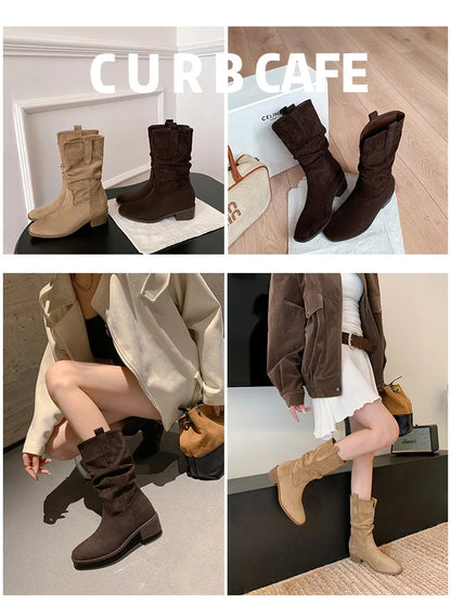 2025 Autumn Women's 8CM Height-Increasing Slouch Boots V-Cut Slimming Melard Chunky Heel Mid-Calf for Martin Boots