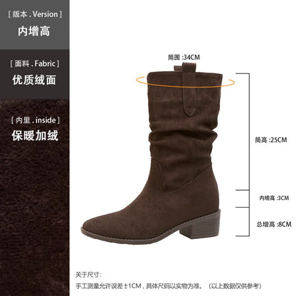 2025 Autumn Women's 8CM Height-Increasing Slouch Boots V-Cut Slimming Melard Chunky Heel Mid-Calf for Martin Boots