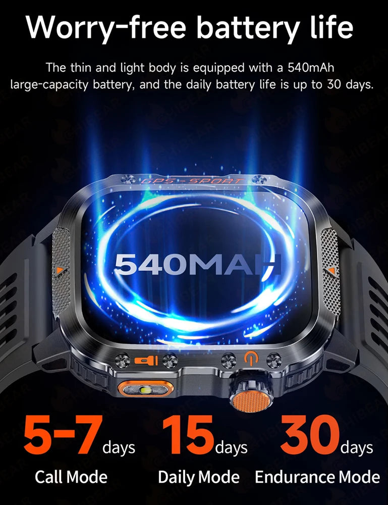 Military Outdoor Smart Watch Men's GPS Flashlight Bluetooth Call 2.01" AMOLED Screen 3ATM Waterproof Sports Smartwatch 2025 New
