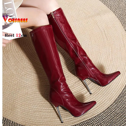 12cm Metal Heels Women Knee High Boots Black Matte Shiny Patent Leather Pointed Toe Zipper Tall Boots Size 45 Party Dress Shoes