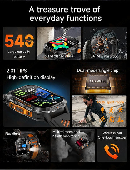Military Outdoor Smart Watch Men's GPS Flashlight Bluetooth Call 2.01" AMOLED Screen 3ATM Waterproof Sports Smartwatch 2025 New
