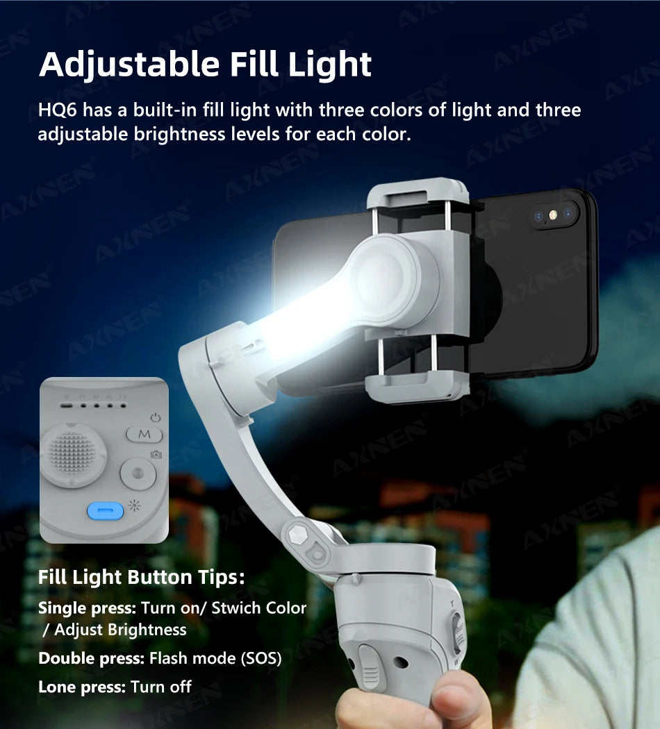 HQ6 3-Axis Handheld Gimbal Mobile Phone Shooting Stabilizer with Fill Light, Zoom, Face Tracking, Animal Following for Cellphone
