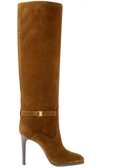 2024 Autumn and Winter Slim High Heels Knee High Women's Boots Fashionable Round Toe Cowhide Suede Oversized Mid Length Boots