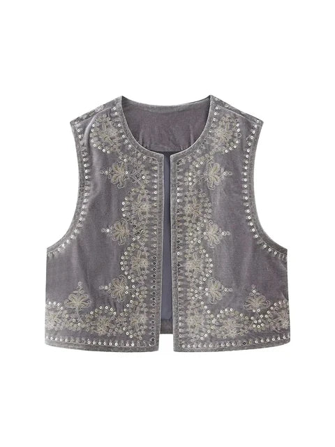 Vintage Autumn Velvet Embroidered Vest Sleeveless Jacket Women V Neck Chic Waistcoats Female Fashion Vests Coat 2023