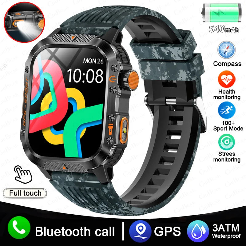 Military Outdoor Smart Watch Men's GPS Flashlight Bluetooth Call 2.01" AMOLED Screen 3ATM Waterproof Sports Smartwatch 2025 New