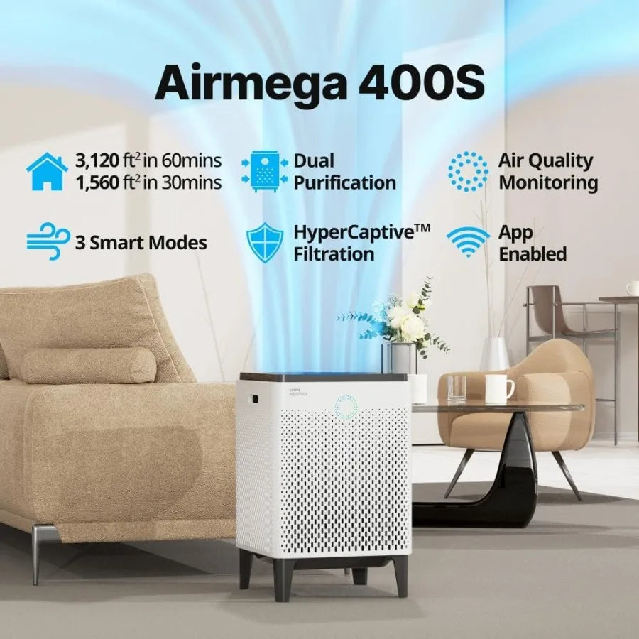 Airmega 400S App-Enabled Smart Air Purifier with True HEPA Filter for Large Spaces up to 1560 sq. ft. Advanced Air Quality Moni