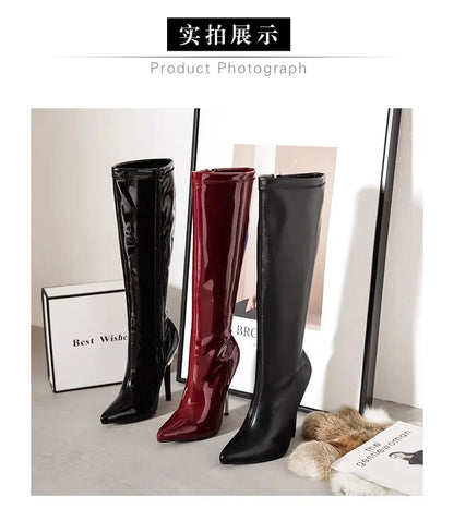 12cm Metal Heels Women Knee High Boots Black Matte Shiny Patent Leather Pointed Toe Zipper Tall Boots Size 45 Party Dress Shoes