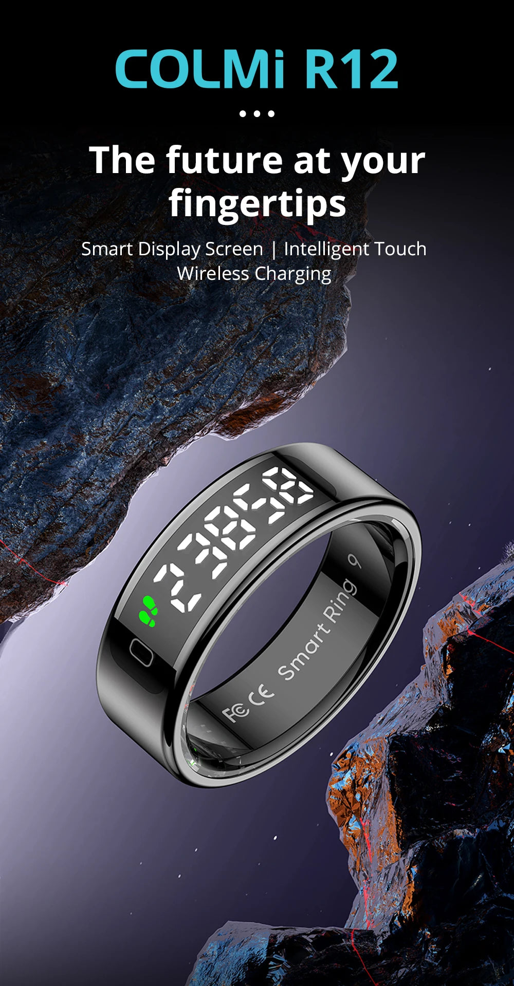 COLMI R12 Smart Ring with Display Screen and Touch, Health Manager, Wireless Charging, 5 ATM Waterproof For Men Women