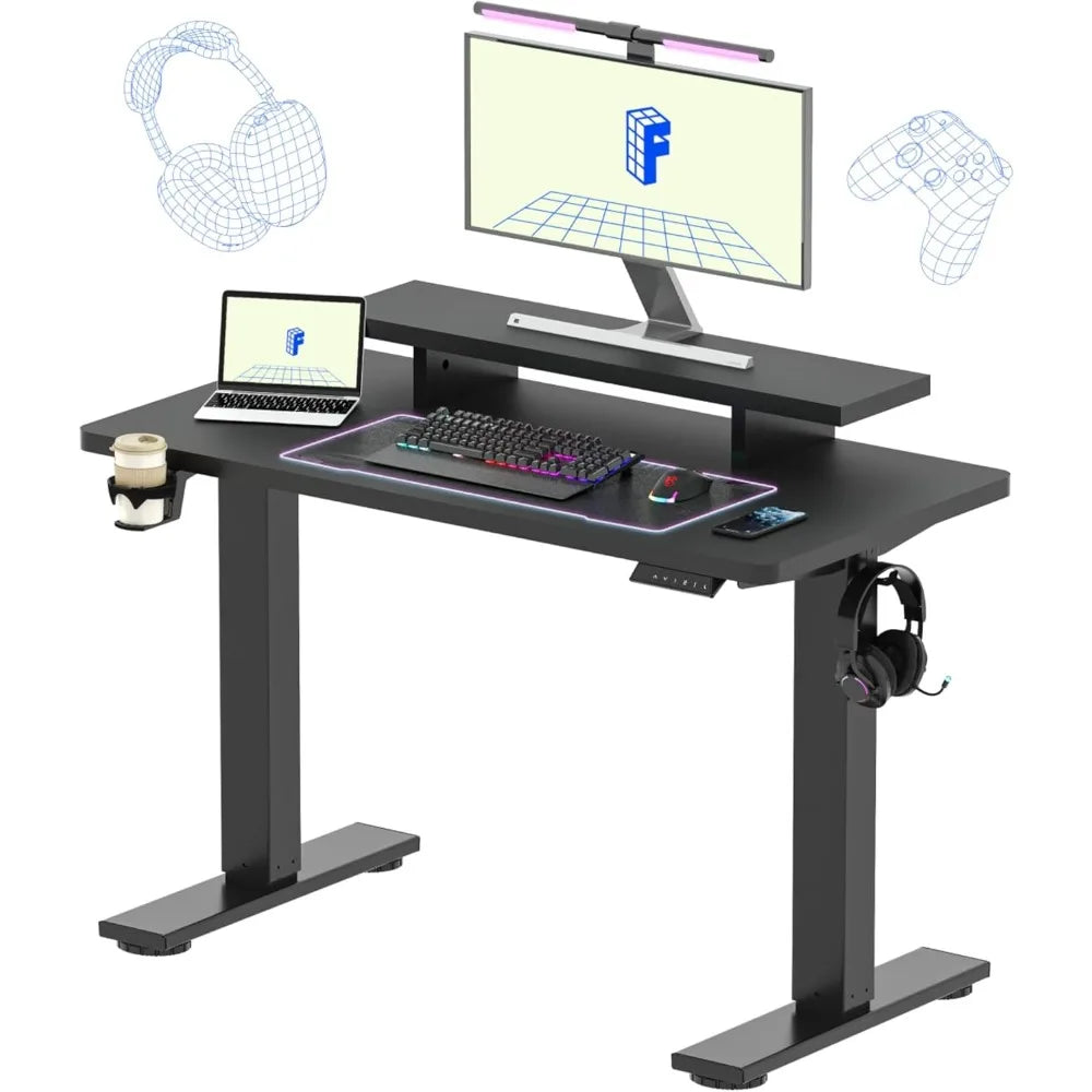 Standing Desk with Monitor Stand, 48 x 24 Inches One-Piece Electric Height Adjustable Computer Desk with Cup Holder, Home Offic
