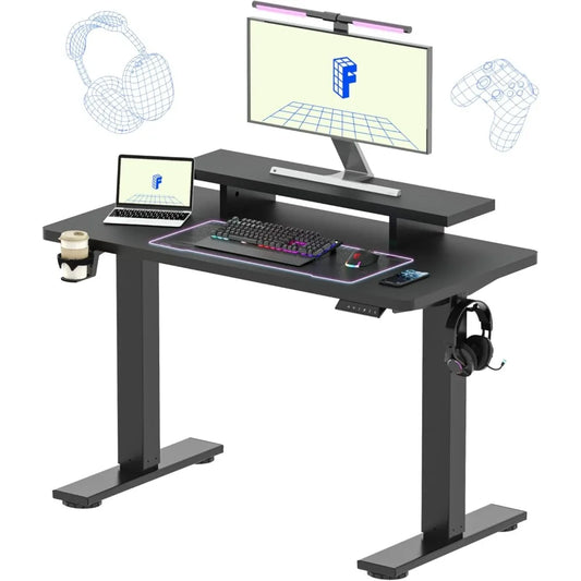 Standing Desk with Monitor Stand, 48 x 24 Inches One-Piece Electric Height Adjustable Computer Desk with Cup Holder, Home Offic