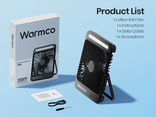 Warmco D4 Portable Desk Fan Rechargeable 20000mAh Camping Fan with Light,48Hrs Run Time 8" Silent Personal Fan Digital Display