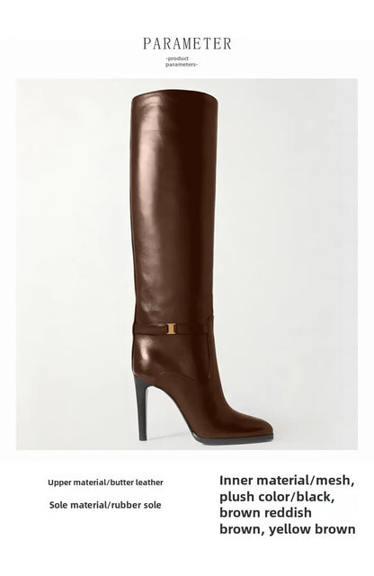 2024 Autumn and Winter Slim High Heels Knee High Women's Boots Fashionable Round Toe Cowhide Suede Oversized Mid Length Boots