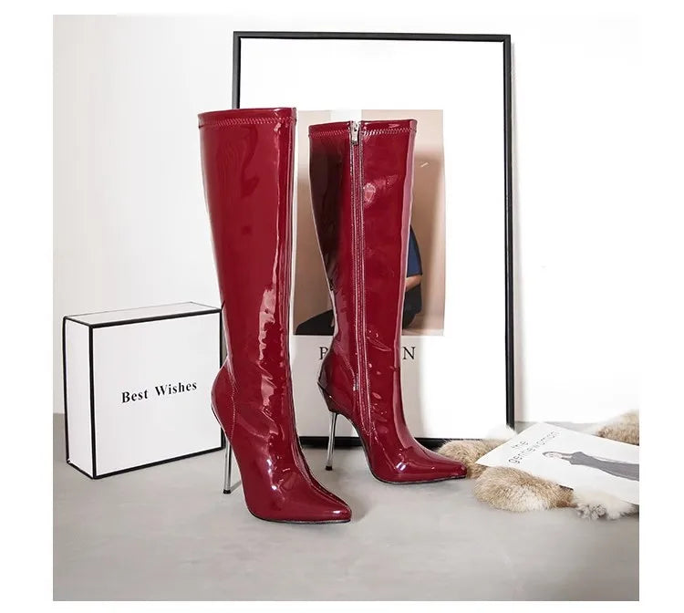 12cm Metal Heels Women Knee High Boots Black Matte Shiny Patent Leather Pointed Toe Zipper Tall Boots Size 45 Party Dress Shoes