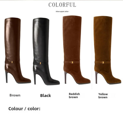 2024 Autumn and Winter Slim High Heels Knee High Women's Boots Fashionable Round Toe Cowhide Suede Oversized Mid Length Boots