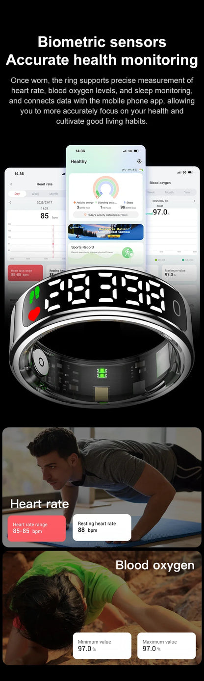 New Smart Ring 2025 Display Screen Gestures Control Video 5ATM Waterproof Remote Camera Blood Oxygen Monitor Multi Sports Mode
