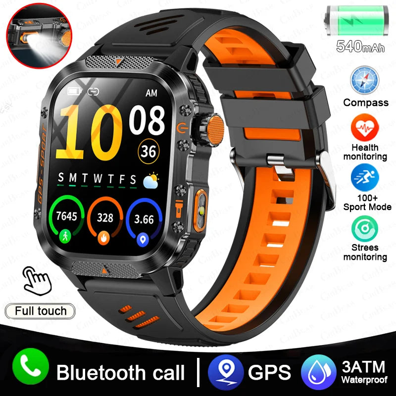 Military Outdoor Smart Watch Men's GPS Flashlight Bluetooth Call 2.01" AMOLED Screen 3ATM Waterproof Sports Smartwatch 2025 New