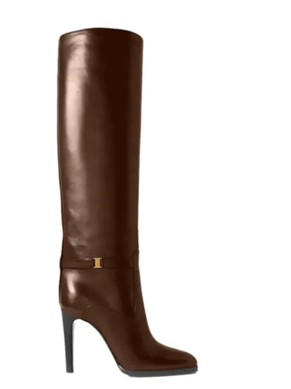 2024 Autumn and Winter Slim High Heels Knee High Women's Boots Fashionable Round Toe Cowhide Suede Oversized Mid Length Boots