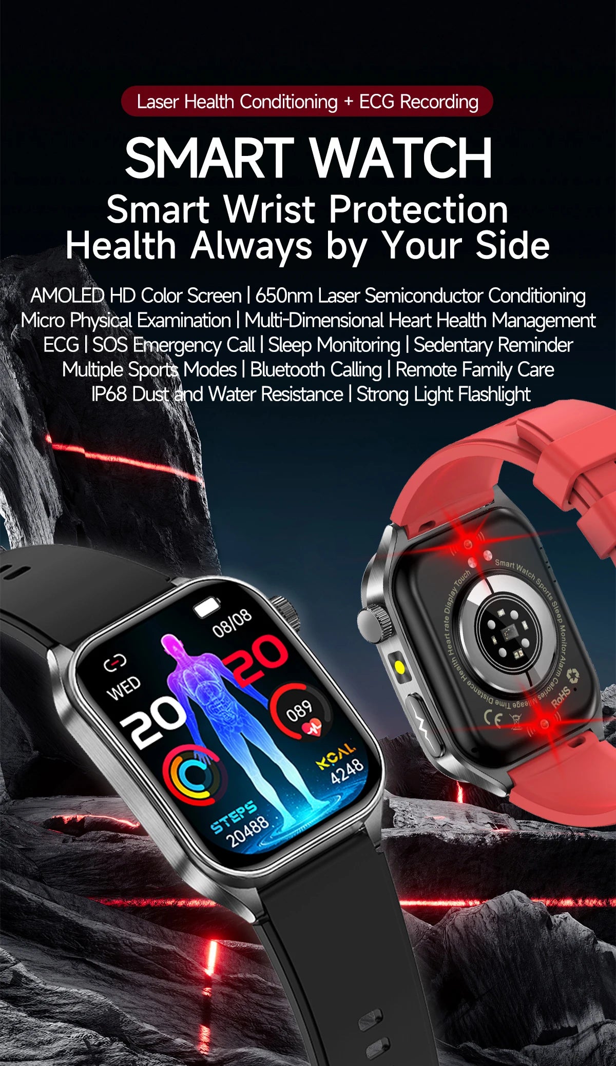 2025New 650nm Laser Conditioning Sapphire Glass Smart Watch Men ECG Heart Rate Micro Physical Exam Health Smartwatch Temperature