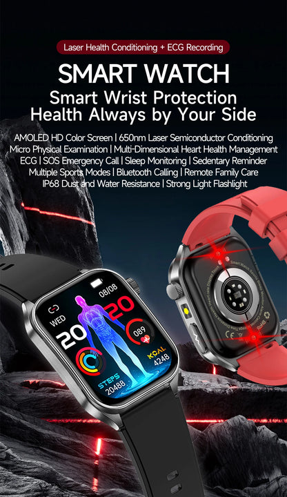2025New 650nm Laser Conditioning Sapphire Glass Smart Watch Men ECG Heart Rate Micro Physical Exam Health Smartwatch Temperature