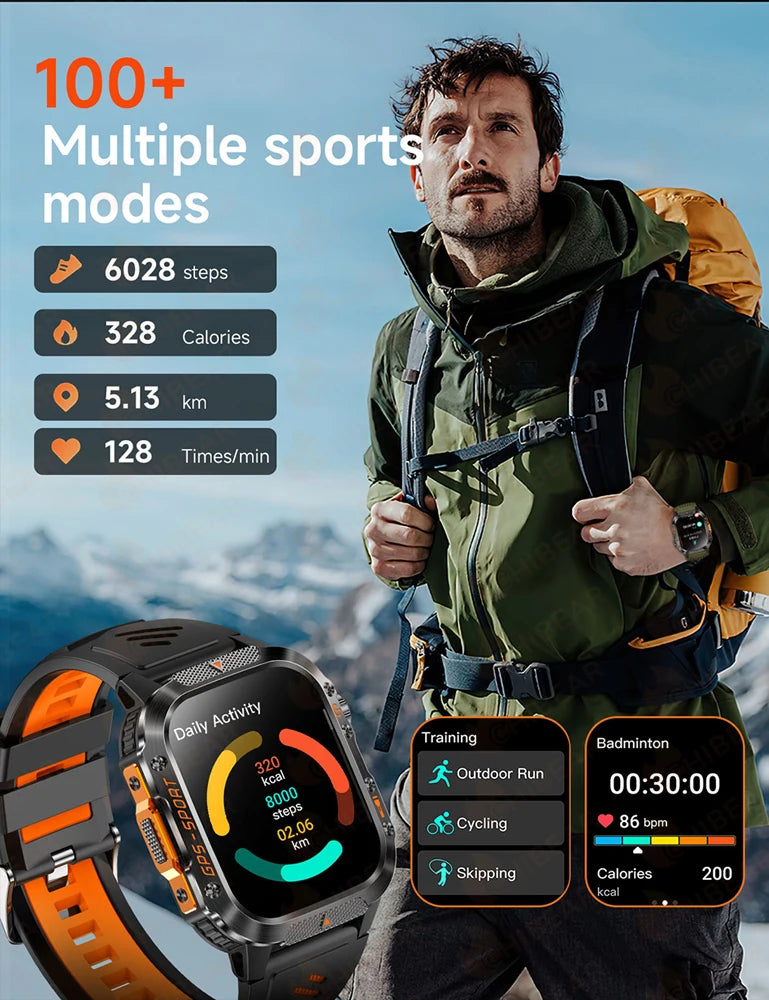 Military Outdoor Smart Watch Men's GPS Flashlight Bluetooth Call 2.01" AMOLED Screen 3ATM Waterproof Sports Smartwatch 2025 New