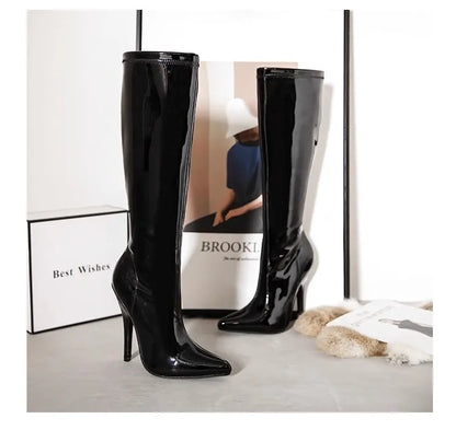 12cm Metal Heels Women Knee High Boots Black Matte Shiny Patent Leather Pointed Toe Zipper Tall Boots Size 45 Party Dress Shoes