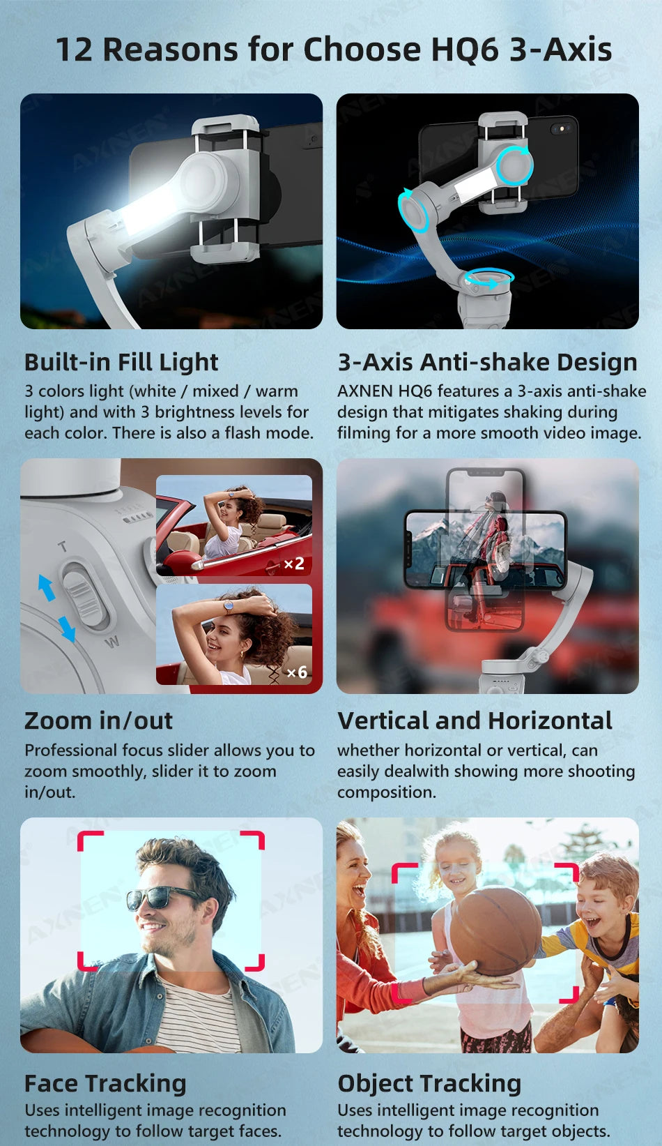 HQ6 3-Axis Handheld Gimbal Mobile Phone Shooting Stabilizer with Fill Light, Zoom, Face Tracking, Animal Following for Cellphone