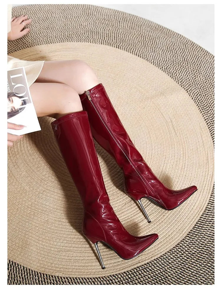 12cm Metal Heels Women Knee High Boots Black Matte Shiny Patent Leather Pointed Toe Zipper Tall Boots Size 45 Party Dress Shoes