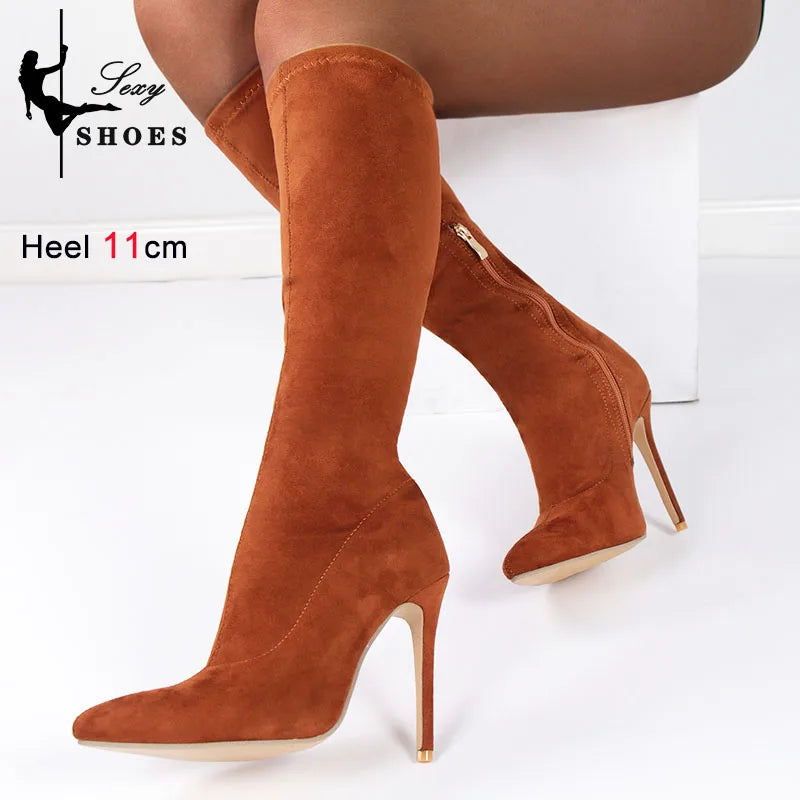 High Elasticity Leather Boots Women Side Zip Pointed Toe High Heels Shoes Fashion Big Size Suede Mid Booties Female Goth Shoes