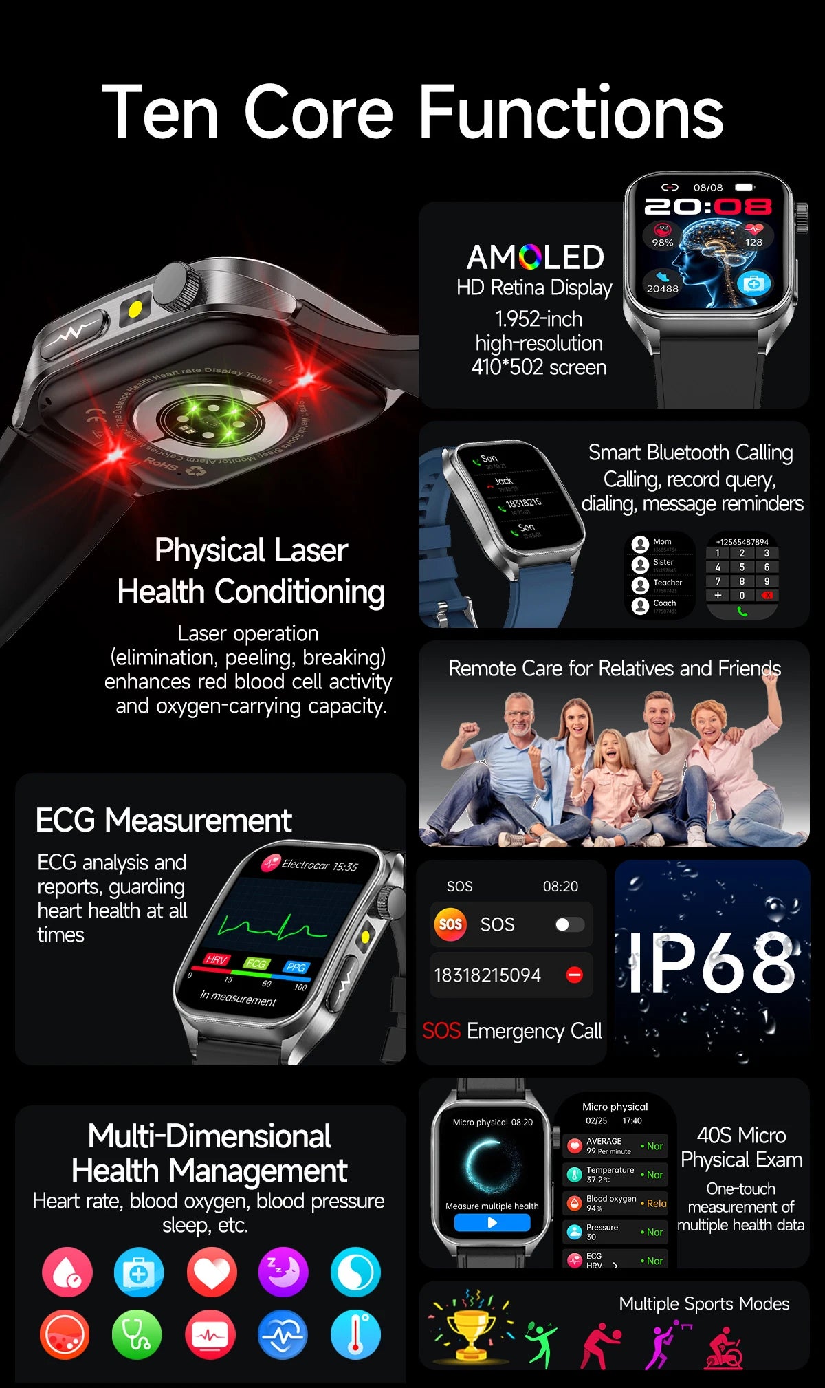 2025New 650nm Laser Conditioning Sapphire Glass Smart Watch Men ECG Heart Rate Micro Physical Exam Health Smartwatch Temperature