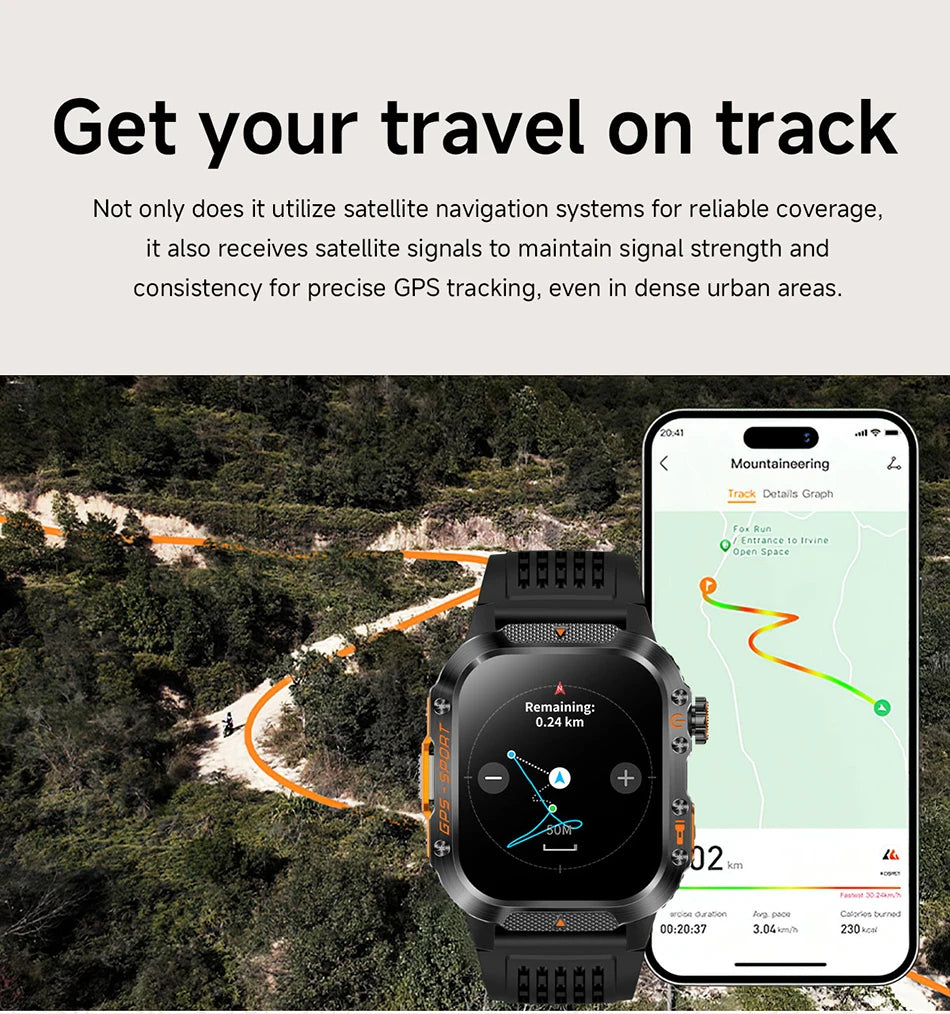 Military Outdoor Smart Watch Men's GPS Flashlight Bluetooth Call 2.01" AMOLED Screen 3ATM Waterproof Sports Smartwatch 2025 New