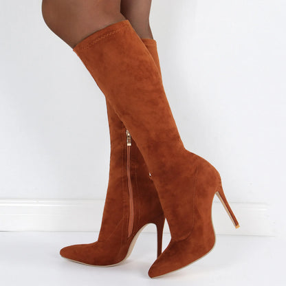 High Elasticity Leather Boots Women Side Zip Pointed Toe High Heels Shoes Fashion Big Size Suede Mid Booties Female Goth Shoes