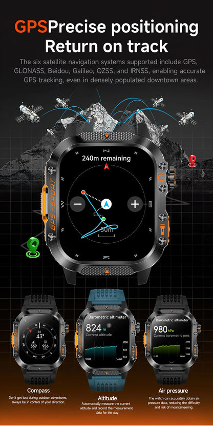 Military Outdoor Smart Watch Men's GPS Flashlight Bluetooth Call 2.01" AMOLED Screen 3ATM Waterproof Sports Smartwatch 2025 New