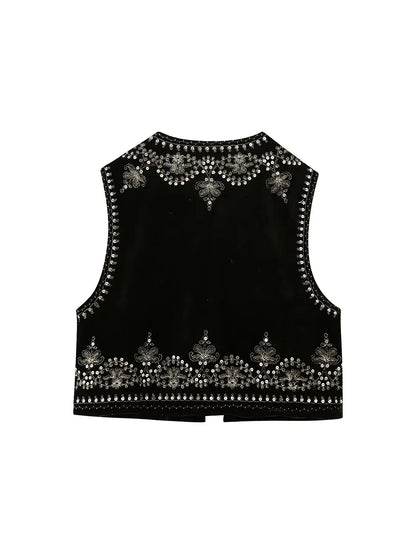 Vintage Autumn Velvet Embroidered Vest Sleeveless Jacket Women V Neck Chic Waistcoats Female Fashion Vests Coat 2023