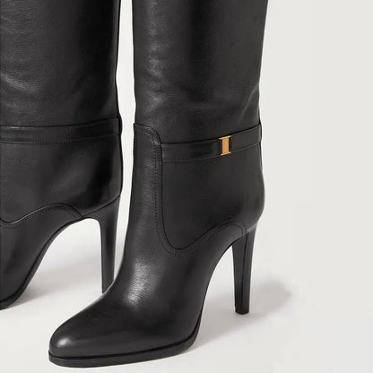 2024 Autumn and Winter Slim High Heels Knee High Women's Boots Fashionable Round Toe Cowhide Suede Oversized Mid Length Boots